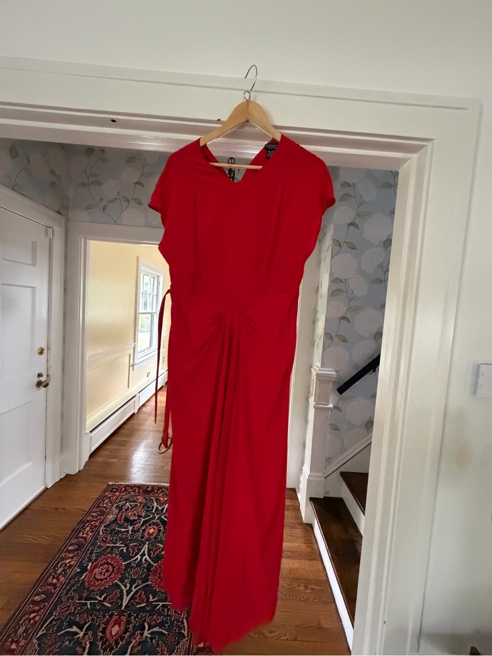 J. Peterman Red Silk Belted Maxi Dress